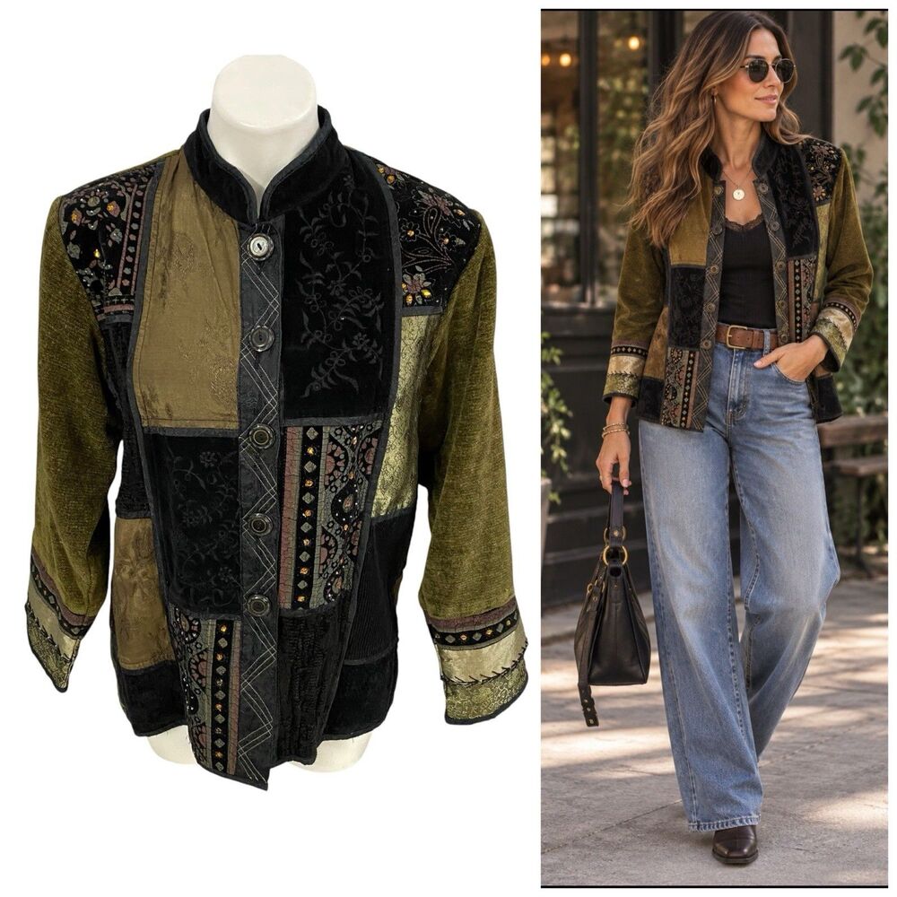 Flashback Womens L Art to Wear Patchwork Jacket Embroidered Boho Embellished